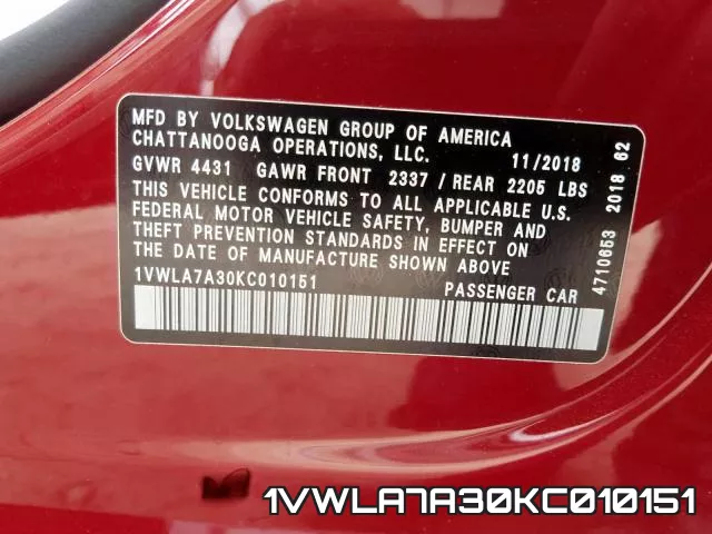 1VWLA7A30KC010151 фото 2