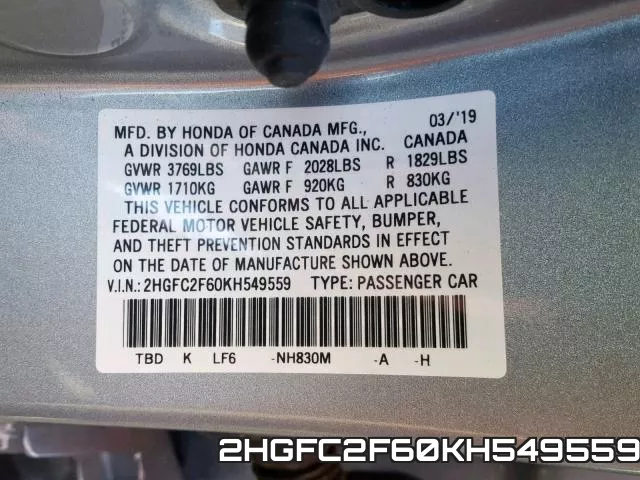 2HGFC2F60KH549559 фото 2