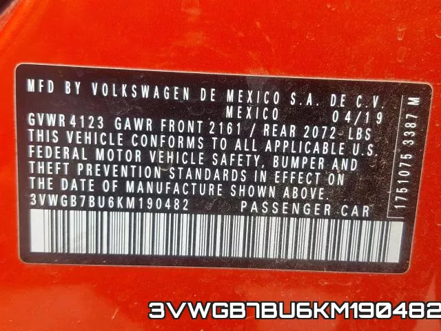 3VWGB7BU6KM190482 фото 2