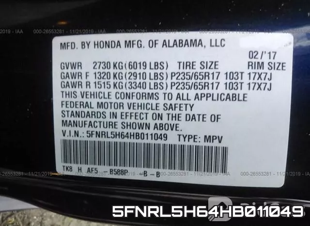 5FNRL5H64HB011049 фото 10
