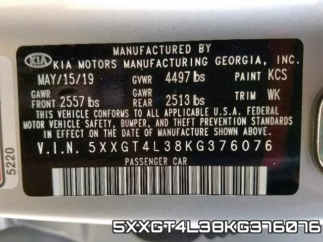 5XXGT4L38KG376076 фото 2