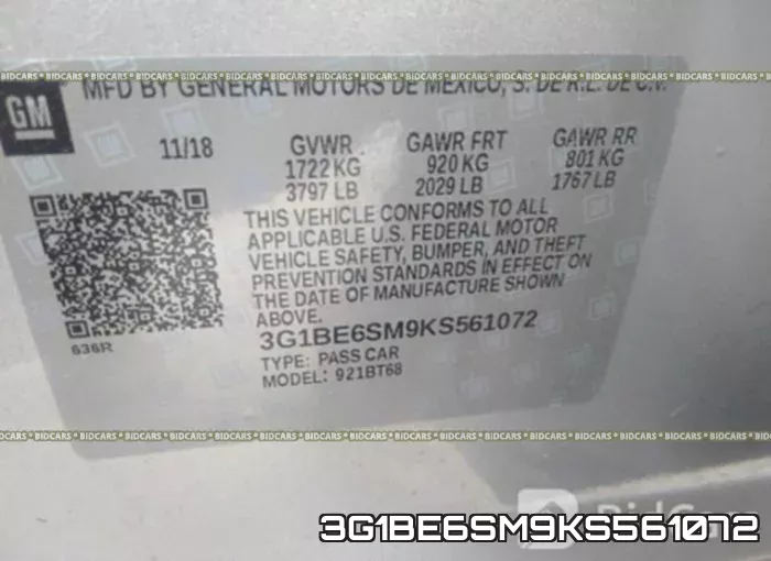 3G1BE6SM9KS561072 фото 10