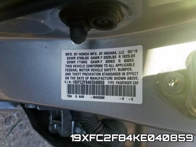 19XFC2F84KE040859 фото 2