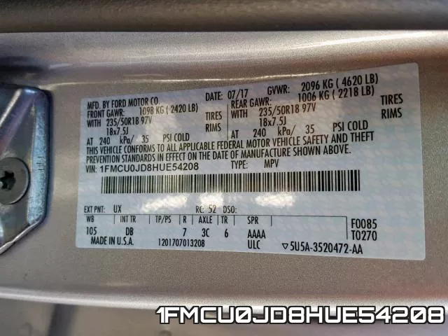 1FMCU0JD8HUE54208 фото 2