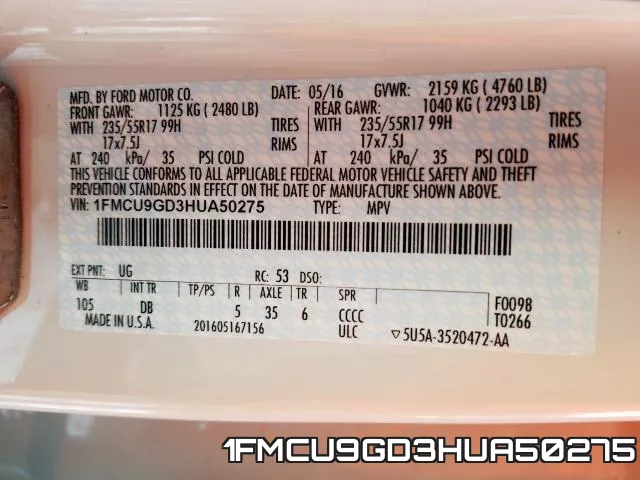 1FMCU9GD3HUA50275 фото 2