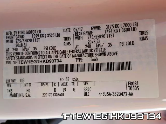 1FTEW1EG1HKD93734 фото 2