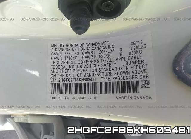 2HGFC2F86KH603481 фото 10