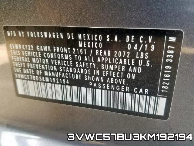 3VWC57BU3KM192194 фото 2