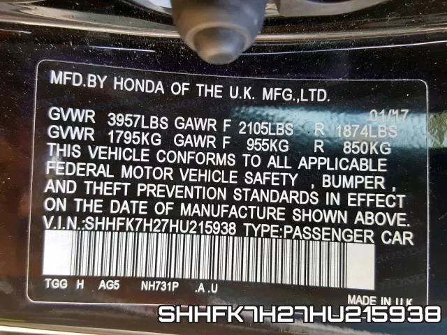 SHHFK7H27HU215938 фото 2