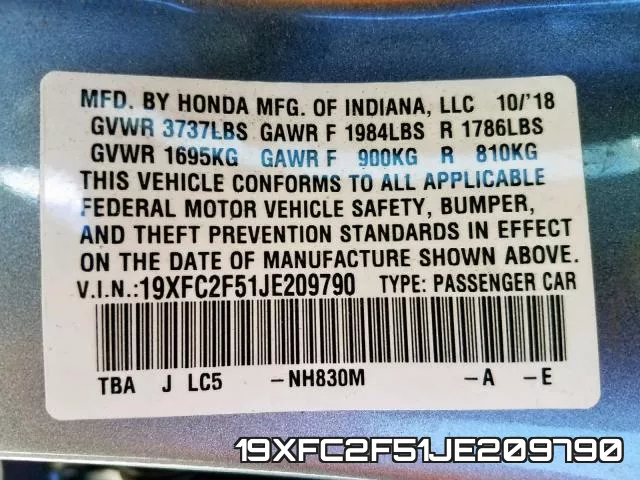19XFC2F51JE209790 фото 2
