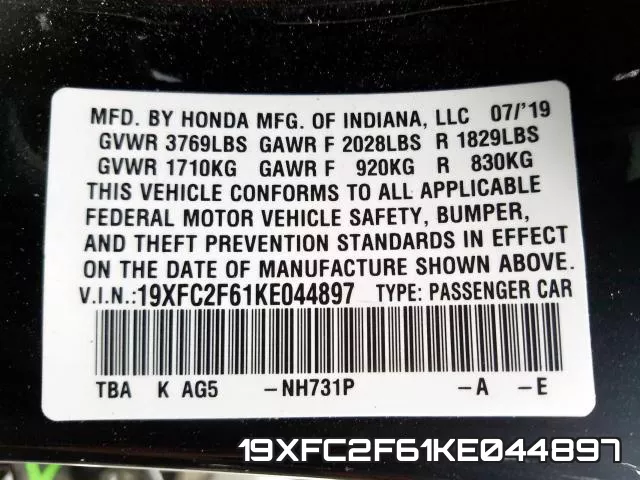 19XFC2F61KE044897 фото 2