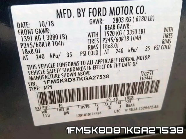 1FM5K8D87KGA27538 фото 2