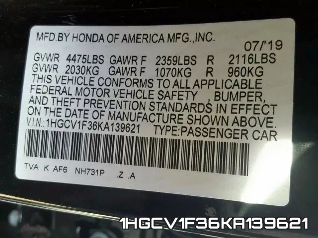 1HGCV1F36KA139621 фото 2
