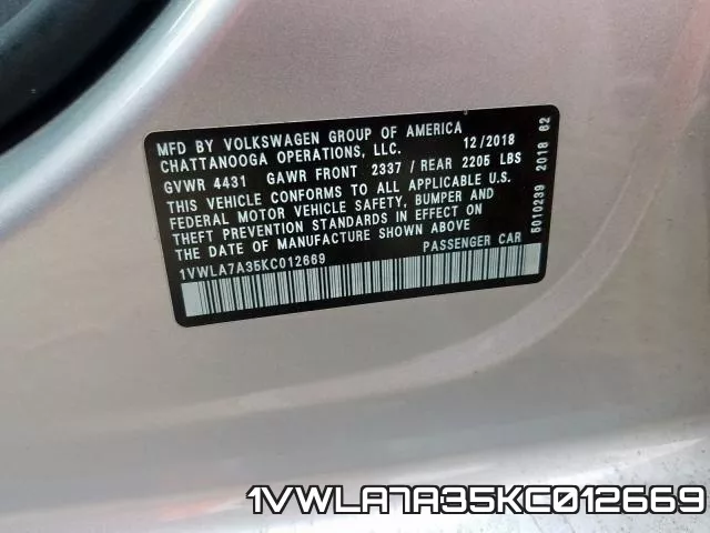 1VWLA7A35KC012669 фото 2