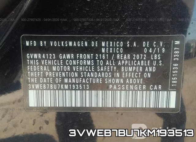 3VWEB7BU7KM193513 фото 10