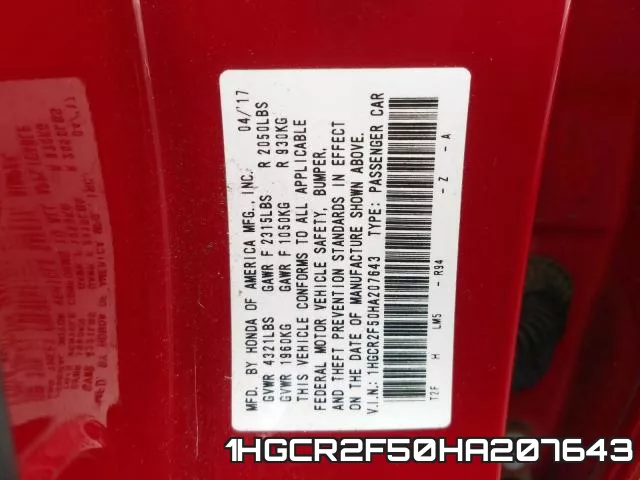 1HGCR2F50HA207643 фото 2