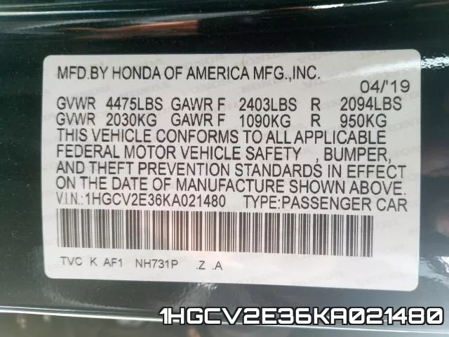 1HGCV2E36KA021480 фото 2