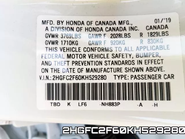 2HGFC2F60KH529280 фото 2