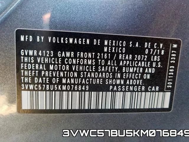 3VWC57BU5KM076849 фото 2