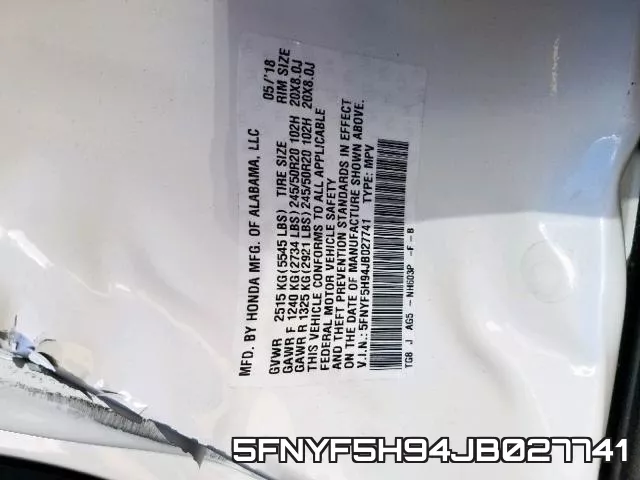5FNYF5H94JB027741 фото 2