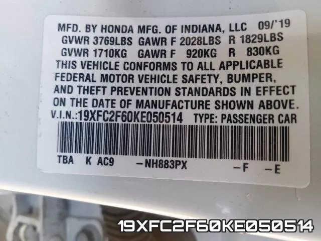19XFC2F60KE050514 фото 2