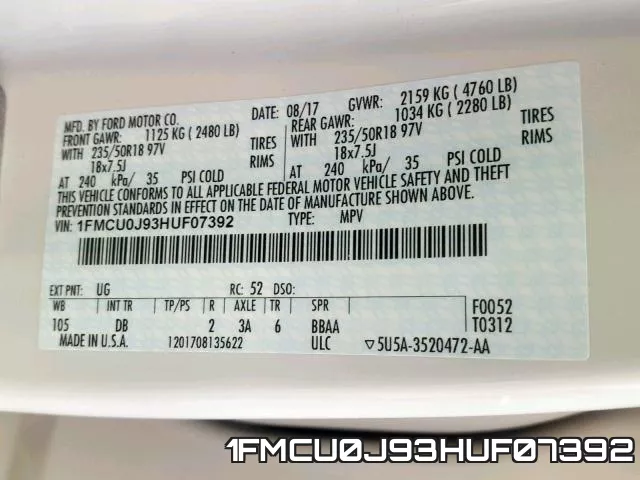 1FMCU0J93HUF07392 фото 2