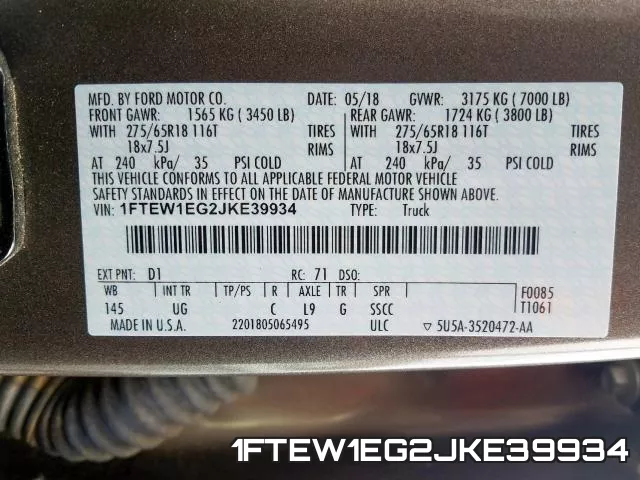 1FTEW1EG2JKE39934 фото 2