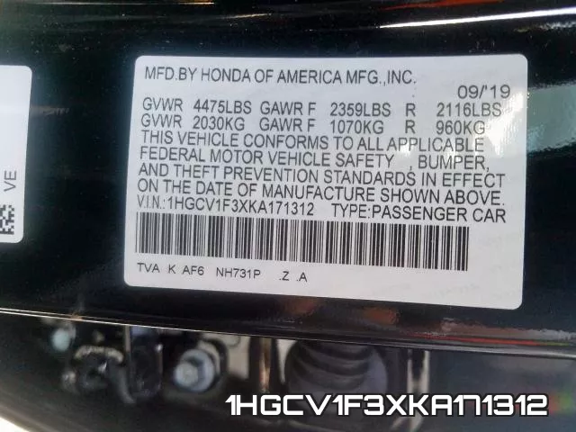 1HGCV1F3XKA171312 фото 2