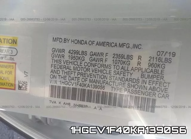 1HGCV1F40KA139056 фото 10