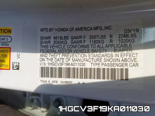 1HGCV3F19KA011030 фото 2