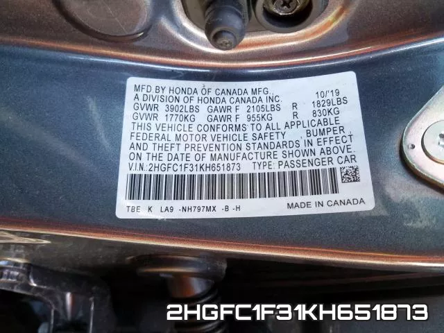 2HGFC1F31KH651873 фото 2