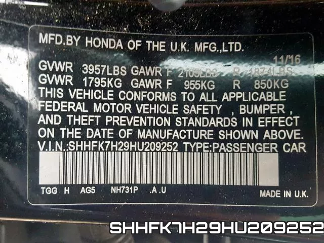 SHHFK7H29HU209252 фото 2