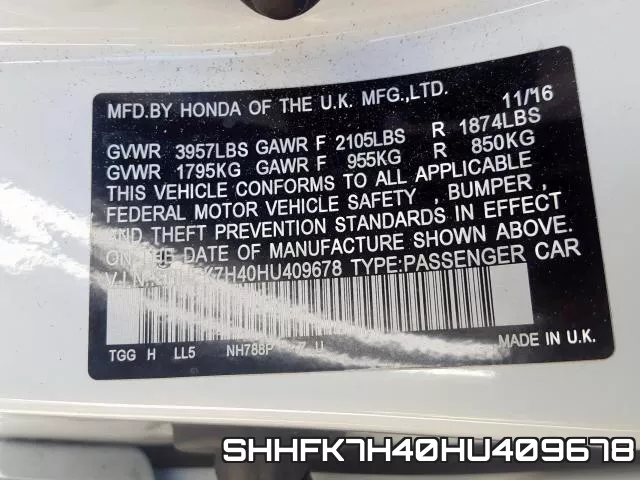 SHHFK7H40HU409678 фото 2