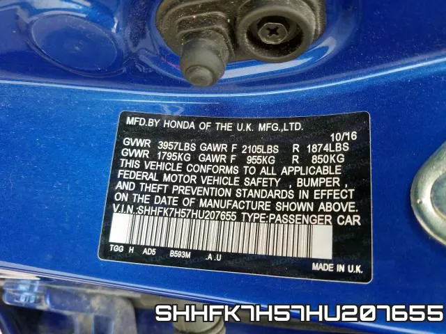 SHHFK7H57HU207655 фото 2