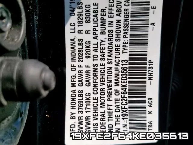 19XFC2F64KE035613 фото 2