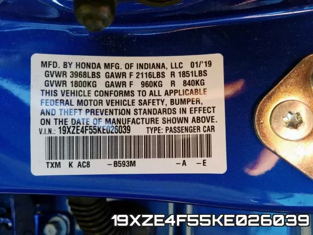 19XZE4F55KE026039 фото 2