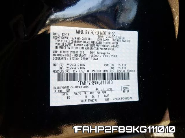 1FAHP2F89KG111010 фото 2