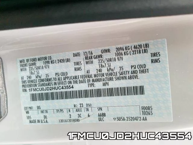 1FMCU0JD2HUC43554 фото 2