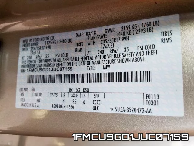 1FMCU9GD1JUC07159 фото 2