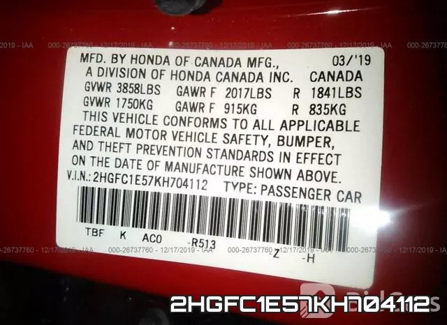 2HGFC1E57KH704112 фото 10