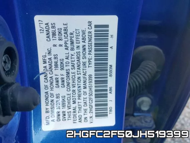 2HGFC2F50JH519399 фото 2