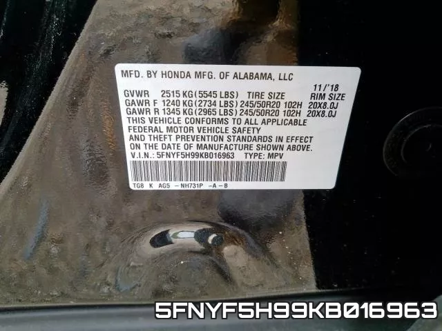 5FNYF5H99KB016963 фото 2