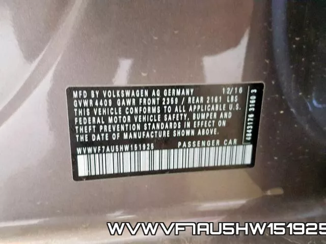 WVWVF7AU5HW151925 фото 2