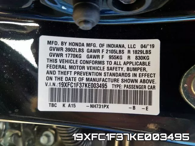 19XFC1F37KE003495 фото 2