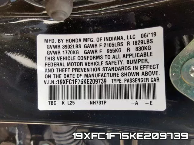 19XFC1F75KE209739 фото 2