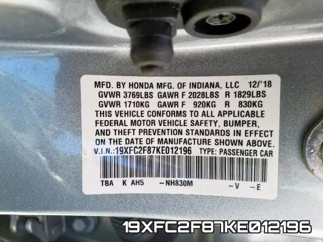 19XFC2F87KE012196 фото 2