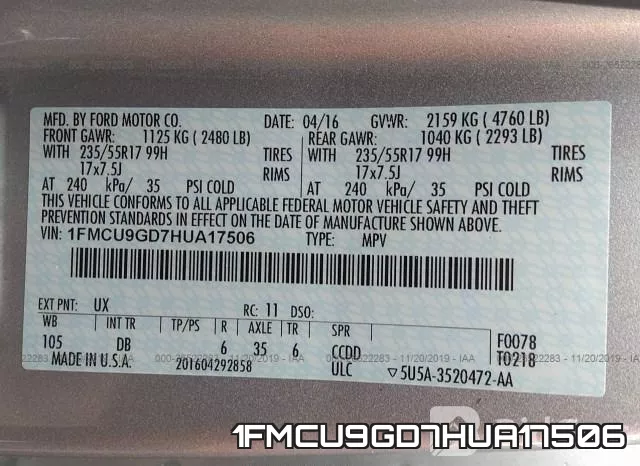 1FMCU9GD7HUA17506 фото 10