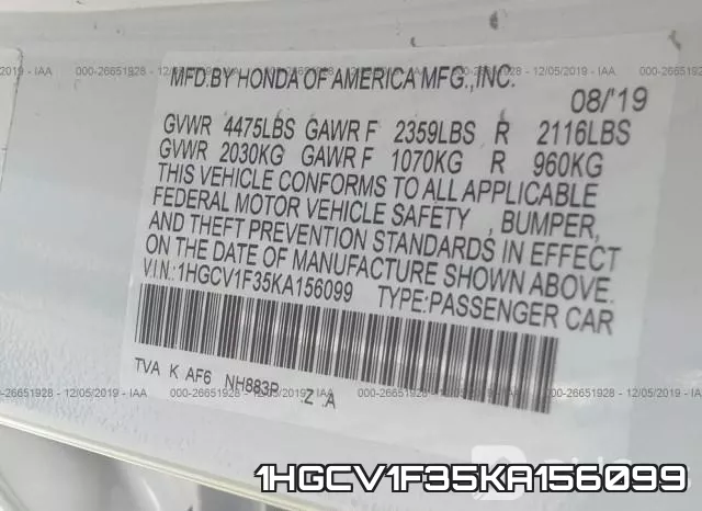 1HGCV1F35KA156099 фото 10