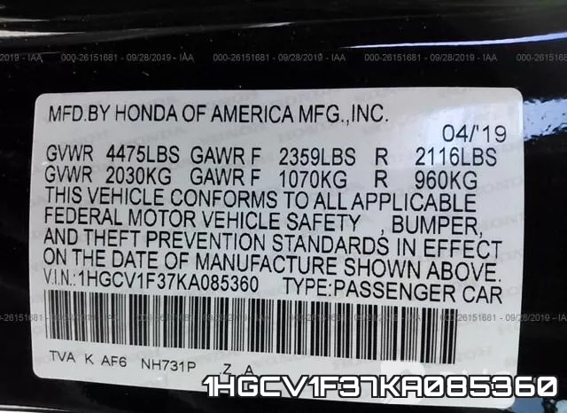 1HGCV1F37KA085360 фото 10