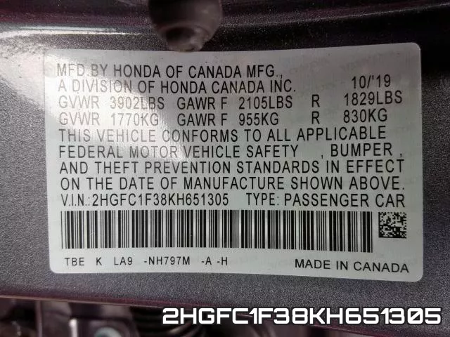 2HGFC1F38KH651305 фото 2
